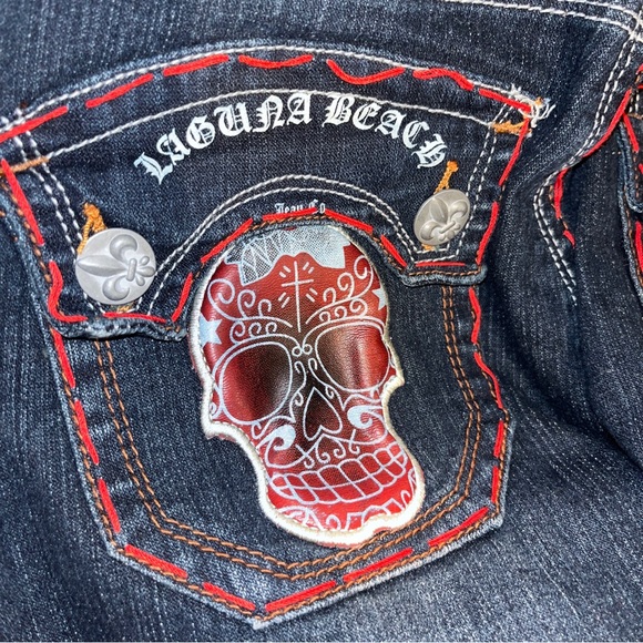 LAGUNA BEACH JEANS VINTAGE STRAIGHT CUT POCKET SKULLS SIZE 31 BLUE MADE IN USA - Picture 6 of 14